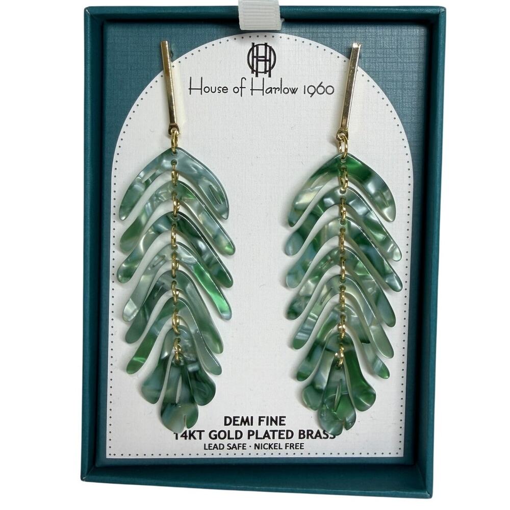 House of Harlow 1960 14KT Gold Plated Brass Green Leaf Drop Earrings (NIB)